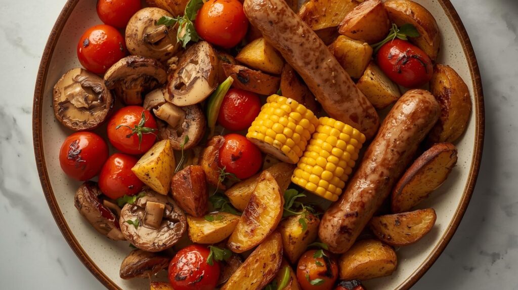 Grilled Tomatoes Mushrooms Mini Sweetcorn Potatoes And Plant Based Vegan Sausages On A Lovely Plate In A Kitchen 1024x573