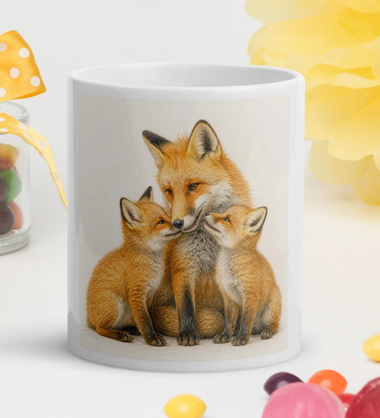 White ceramic mug with watercolour Moffit of fox and cubs
