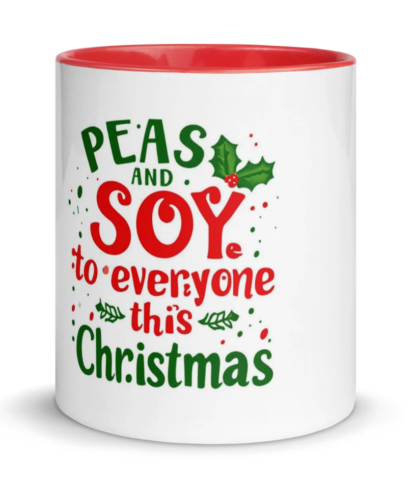 Ceramic Christmas vegan mug with red handle and interior