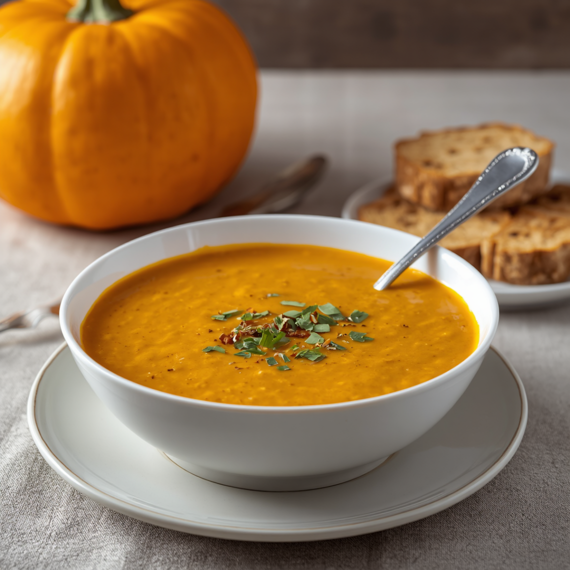 A bowl of vegan Pumpkin, apple and sage soup.