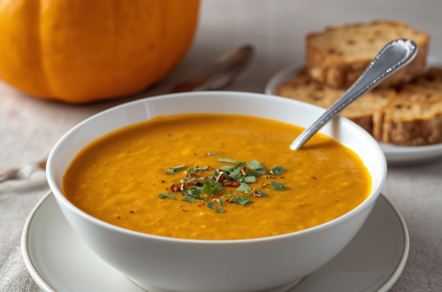 A bowl of vegan Pumpkin, apple and sage soup.