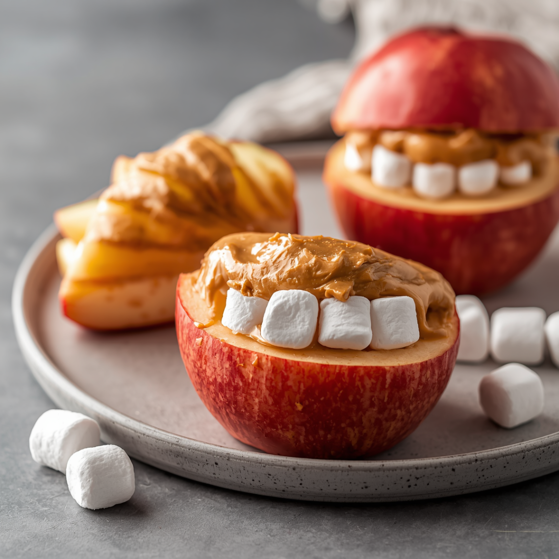 Apple with peanut butter and marshmallows