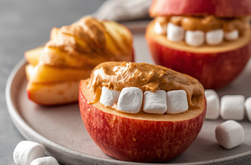Apple with peanut butter and marshmallows