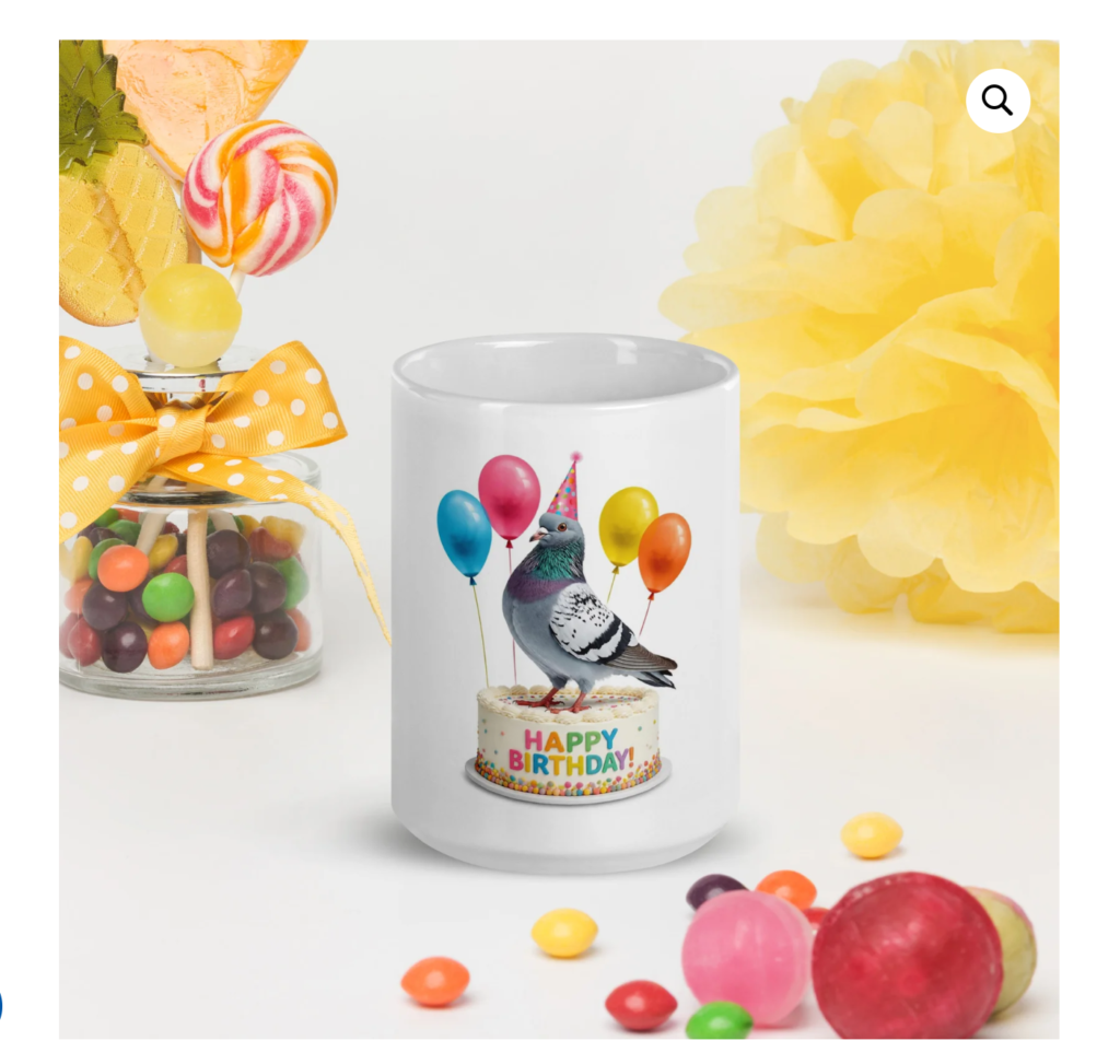 Image showing a white ceramic mug with a birthday pigeon motif