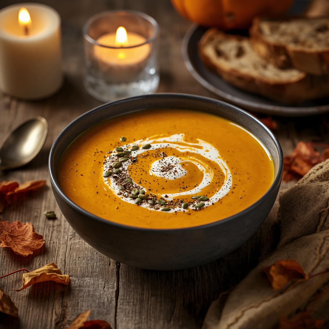 A bowl of hot vegan pumpkin soup