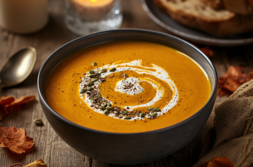 A bowl of hot vegan pumpkin soup