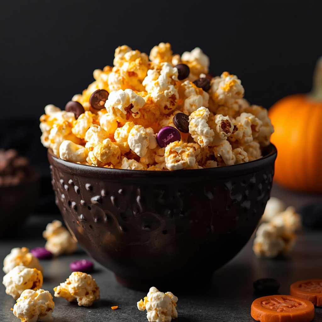 Illustrates a recipe of Monster popcorn with chocolate buttons and marsh mellows