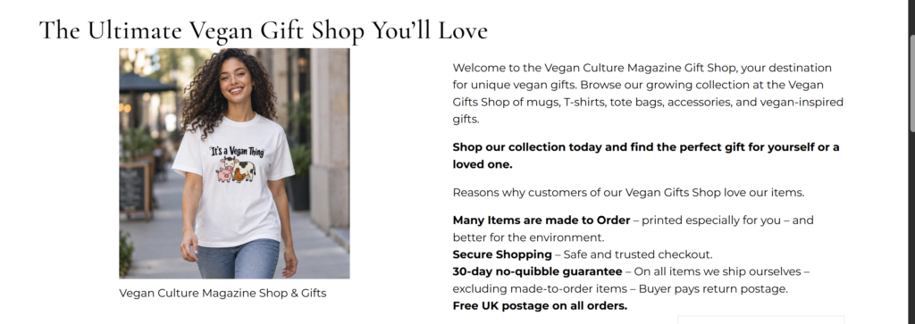 Screen shot of Vegan Culture magazine gift shop